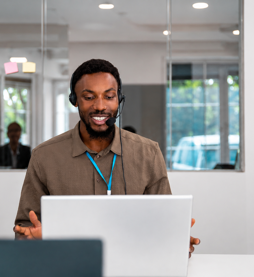 A smiling man wearing a headset and a lanyard gestures while looking at an open laptop in a modern office environment. A colleague is visible in the blurred background. The setting suggests a customer support, helpdesk, or online meeting context.