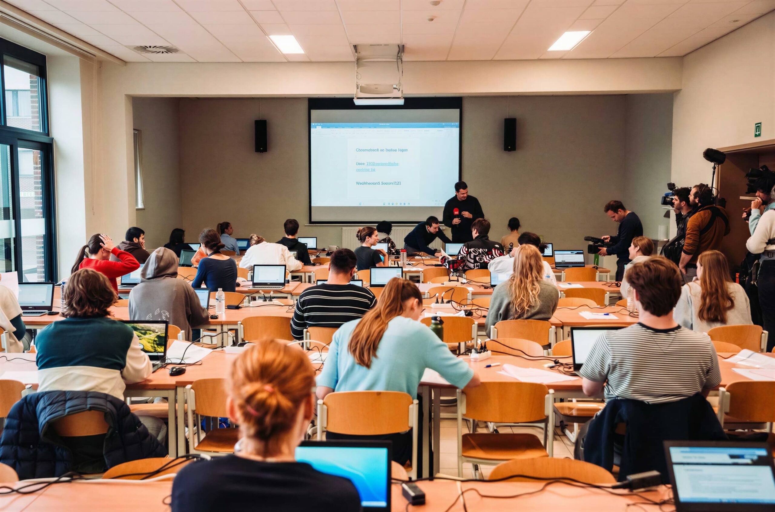 A large university examination or lecture hall filled with students seated at rows of wooden desks with laptops, facing a projected screen at the front of the room. An invigilator or presenter stands near the screen, and a camera operator is visible on the right, suggesting a formal assessment or recorded academic event.