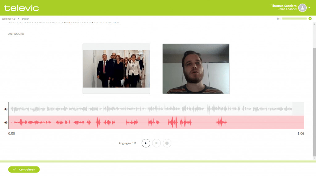 **ALT text:**
A screenshot of the Televic assessment platform showing an audio comparison question. Two images are displayed side by side — a group of people in formal attire on the left, and a webcam video of a male candidate on the right. Two audio waveforms are shown below for playback and comparison, with a pink recorded response waveform and a grey reference waveform. Playback controls and a green "Controleren" (Check) button are visible at the bottom.