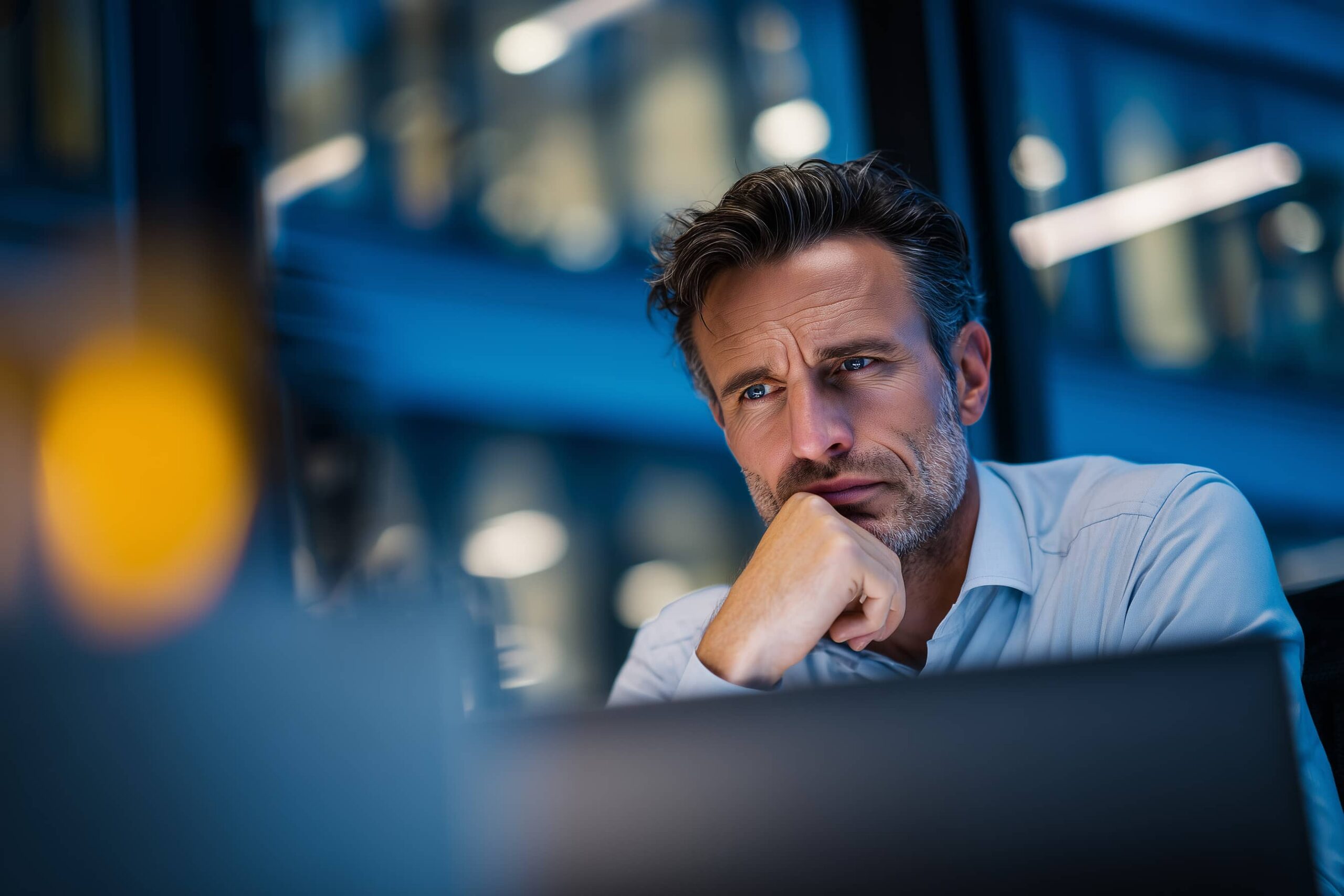 A middle-aged man in a white shirt rests his chin on his hand while gazing thoughtfully at a laptop screen in a dimly lit modern office. The cool blue tones of the background suggest a late-night or after-hours work setting, conveying concentration or concern.