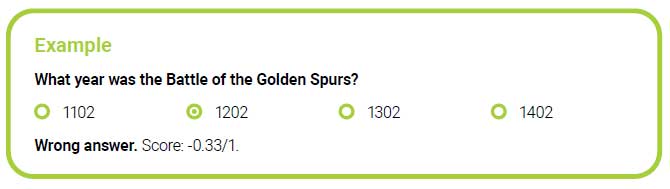 A multiple-choice quiz question labeled "Example" asking "What year was the Battle of the Golden Spurs?" with four options: 1102, 1202, 1302, and 1402. The answer 1202 is selected, and the feedback reads "Wrong answer. Score: -0.33/1."