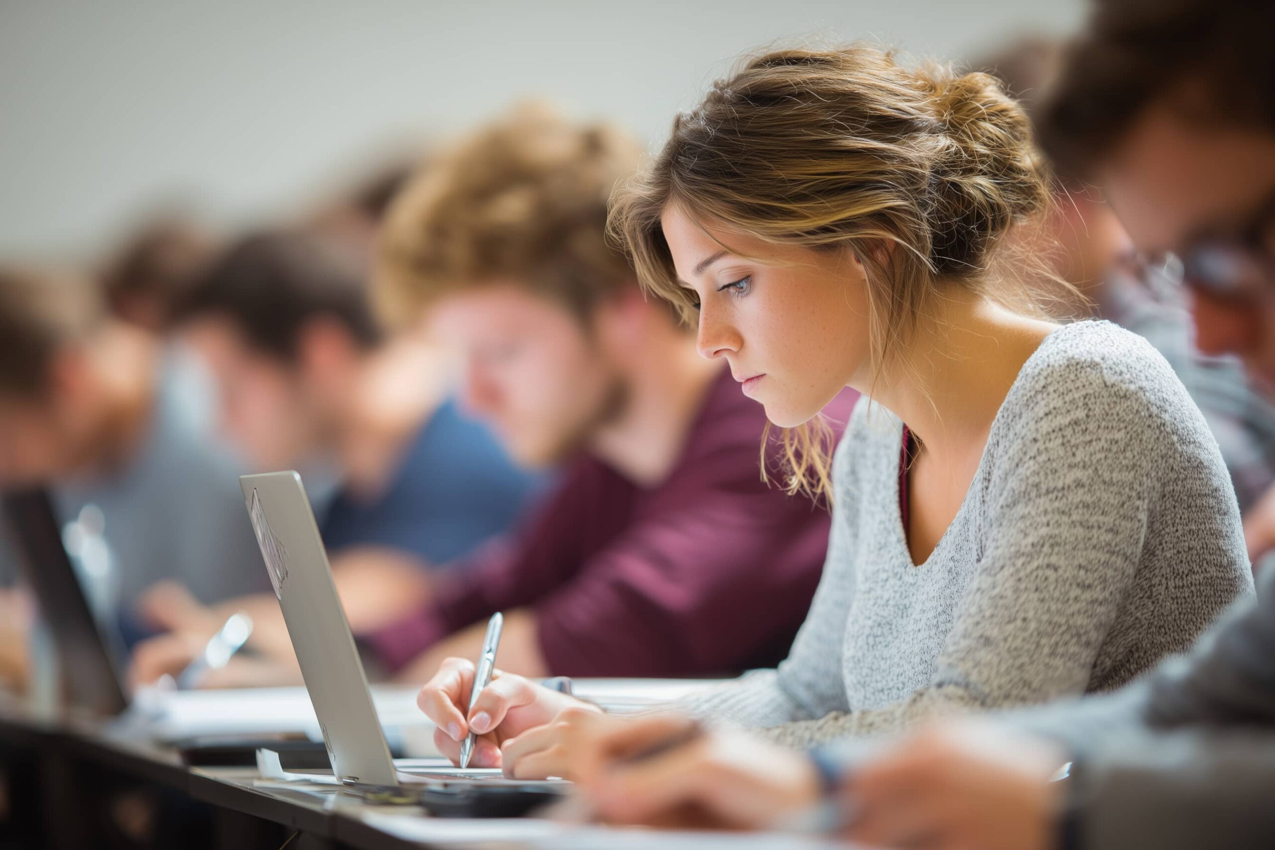 A young woman in a grey jumper writes notes with a pen while working alongside an open laptop in a university lecture hall. Other students are visible but blurred in the background, suggesting an active learning or exam environment.
