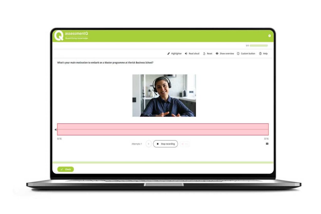 A laptop displaying the assessmentQ platform with a spoken response question asking "What's your main motivation to embark on a Master programme at Vlerick Business School?" A video of a smiling woman wearing a headset is shown as a prompt, with an active pink audio recording bar and a "Stop recording" button visible below. A green "Check" button appears at the bottom left.