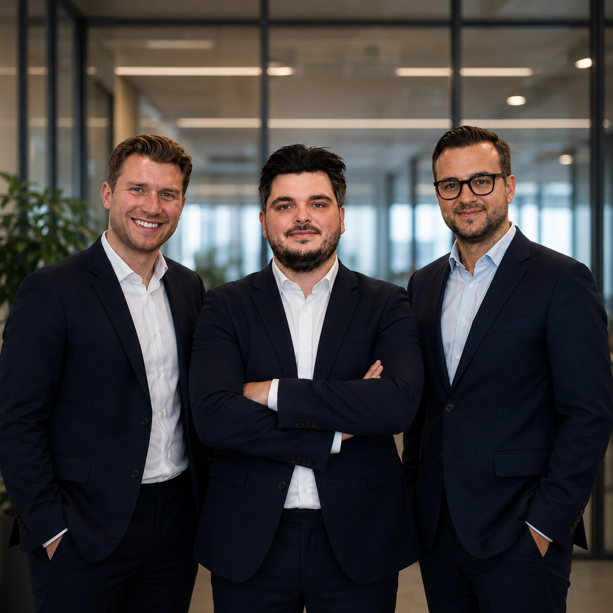 Three professional men in dark suits posing together in a modern office corridor.