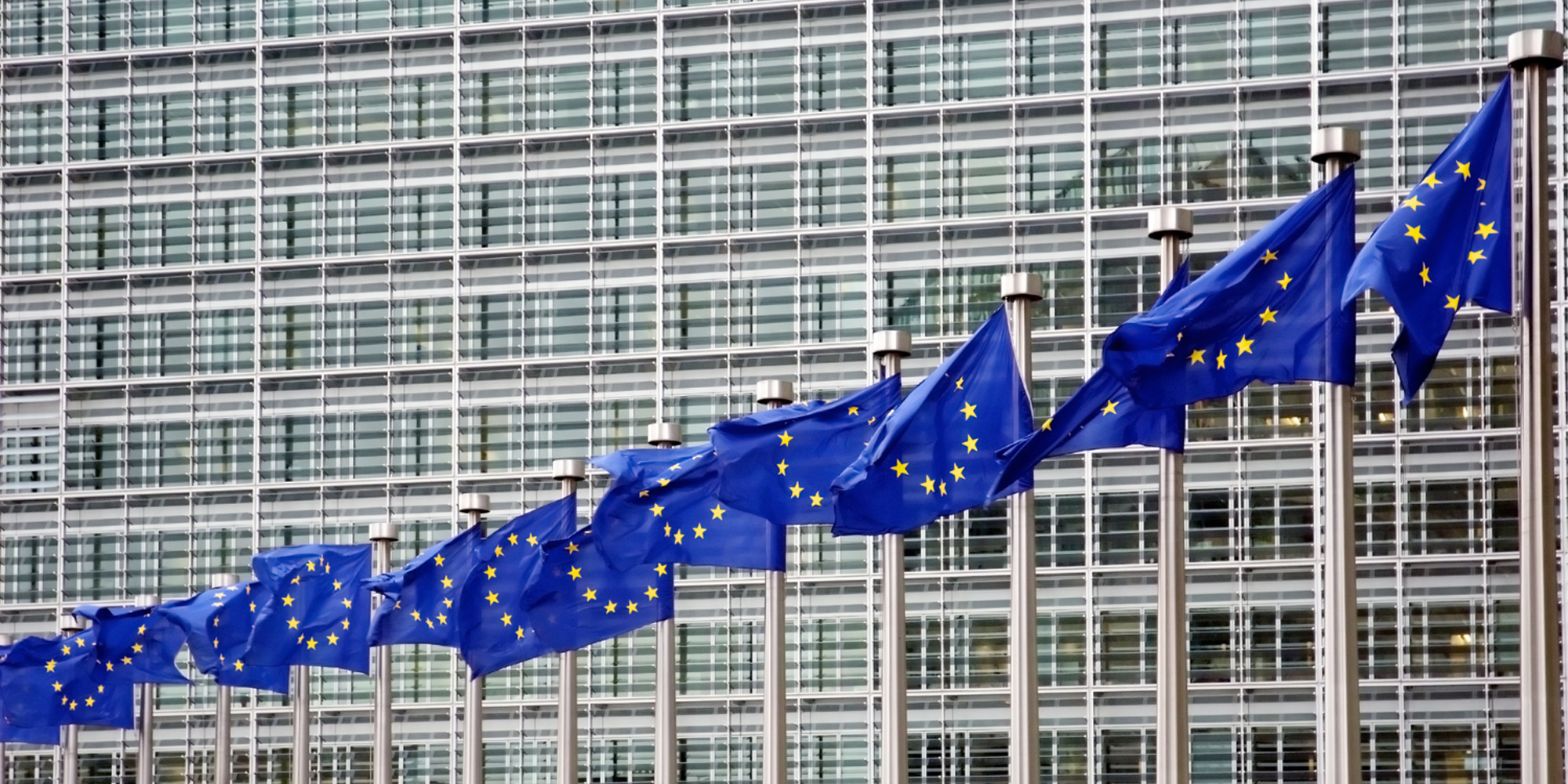 A row of European Union flags on silver flagpoles flying in the wind in front of the glass-panelled façade of the Berlaymont building, the headquarters of the European Commission in Brussels.
