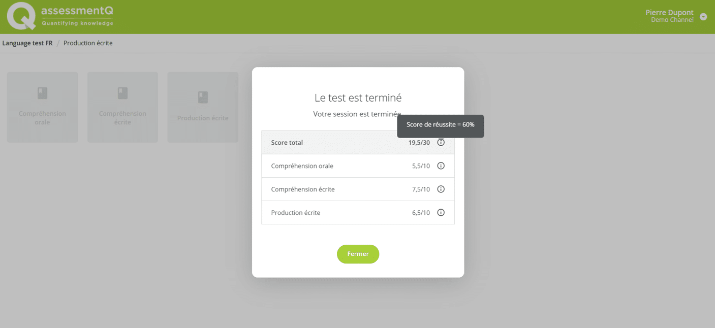 fenêtre de fin dans assessmentQ