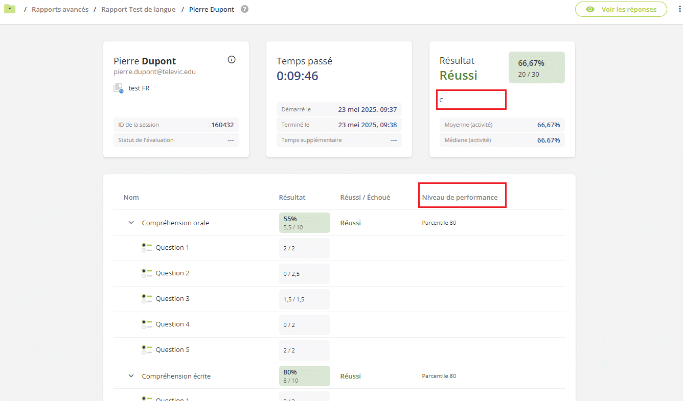 niveaux de performance dans assessmentQ