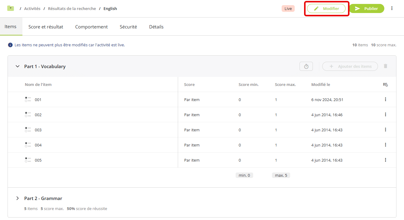 Mode d'édition pour les activités live dans assessmentQ