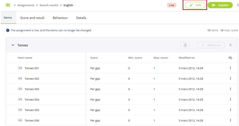 Edit mode for live assignments in assessmentQ