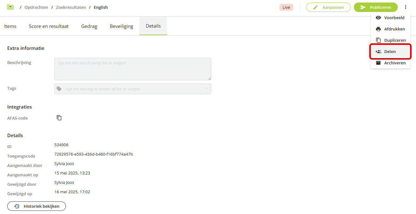 Tabblad Opdrachtdetails in assessmentQ